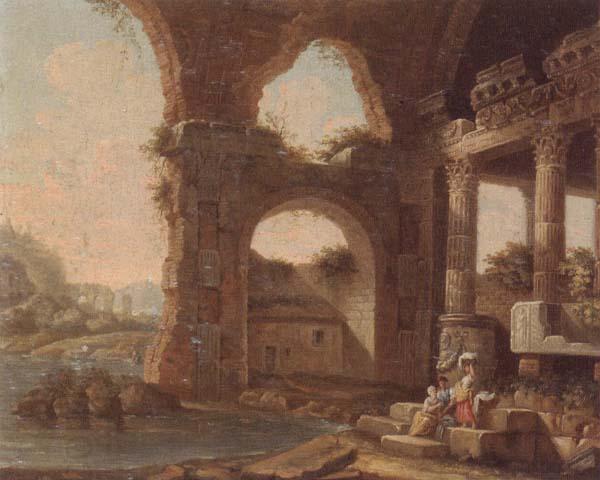 unknow artist An architectural capriccio with washerwomen by a river